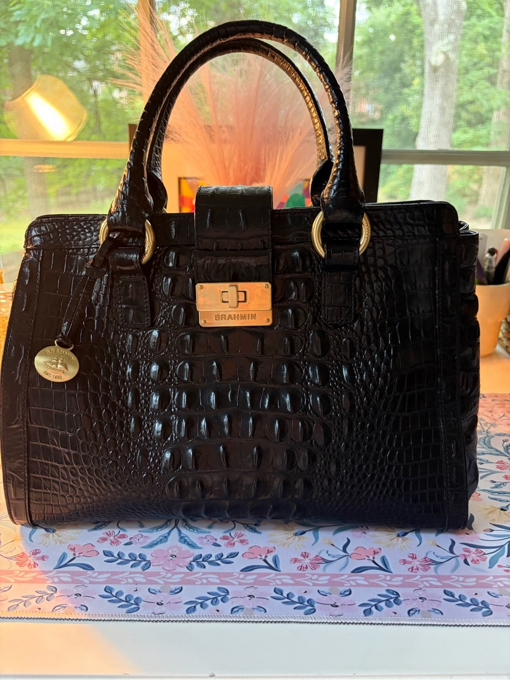 Brahmin Black Croc-Embossed Satchel with Gold Hardware - Picture 2 of 7